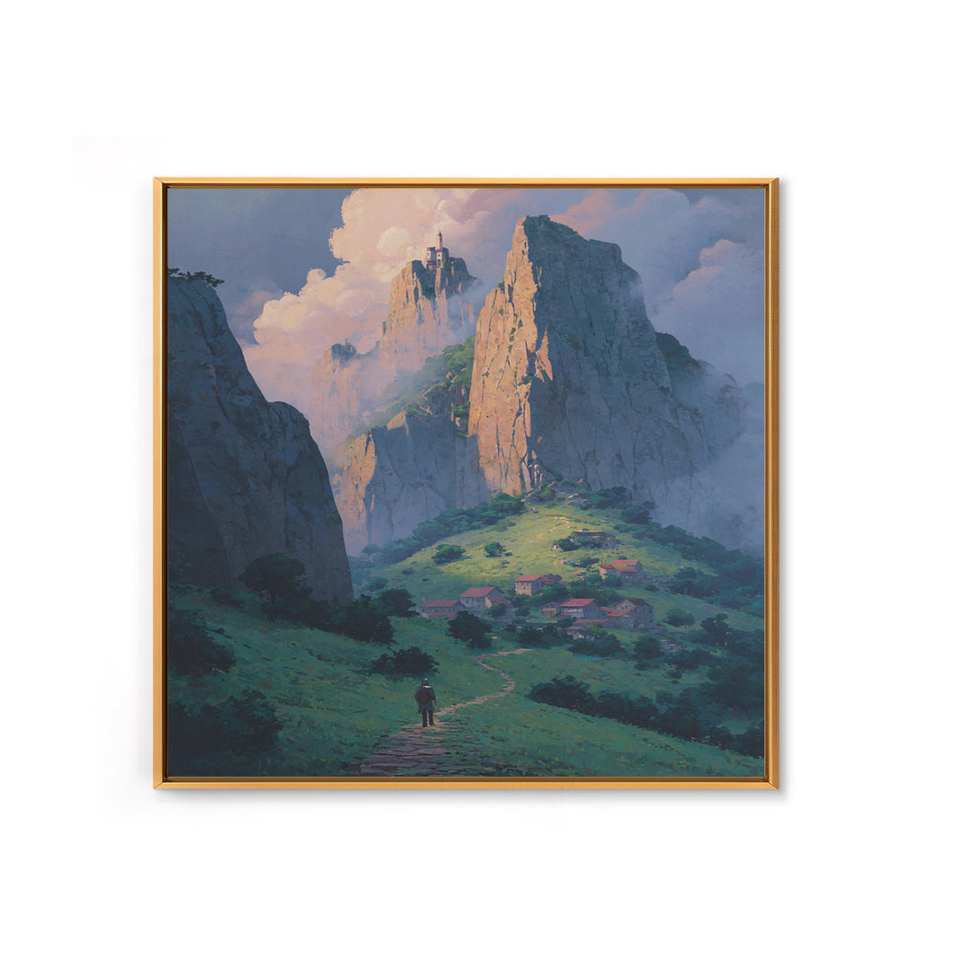 Fantasy Mountain Village Below Castle Wall Art, Dreamy Landscape Print, Storybook Decor, Whimsical Fantasy Art, Nursery Wall Art