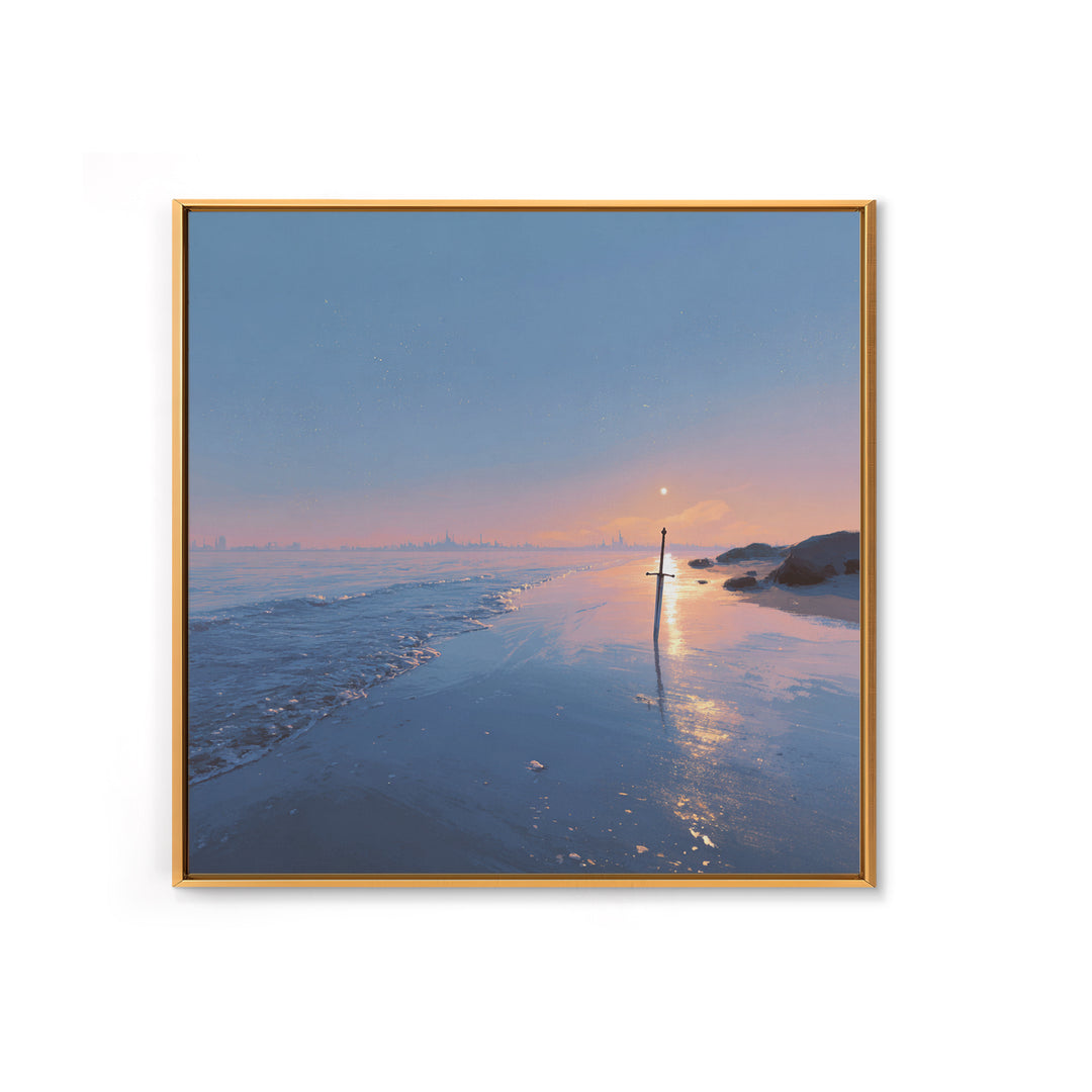 Pastel Beach Sunset With Sword Reflection Wall Art, Coastal Canvas Print, Minimal Ocean Landscape Bedroom Decor Gift For Her