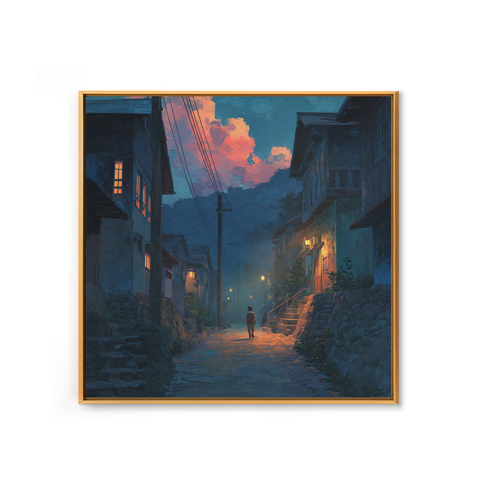 Child Walking Through Twilight Mountain Village Canvas Print, Moody Alley Wall Art, Cozy Blue Landscape, Whimsical Decor