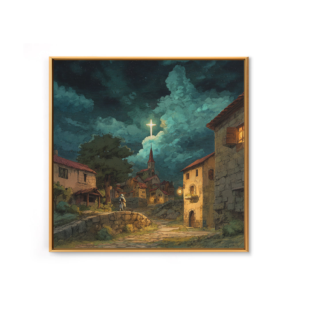 Moonlit Christian Village With Glowing Cross Wall Art, Storybook Church Canvas Print, Rustic Faith Decor For Cozy Home Decor