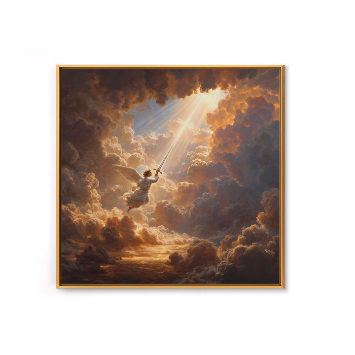 Angelic Warrior In Storm Clouds Framed Canvas Print, Christian Wall Art, Celestial Sword Painting For Prayer Room Decor Gift