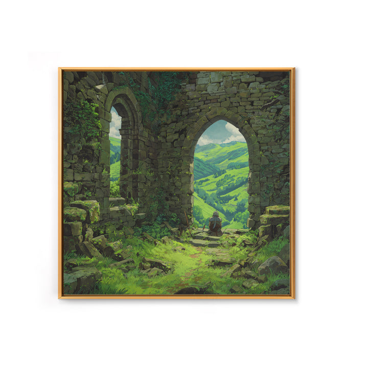 Castle Ruins Green Valley Knight Wall Art, Fantasy Landscape Canvas Print, Medieval Adventure Home Decor, Gamer Gift For Him