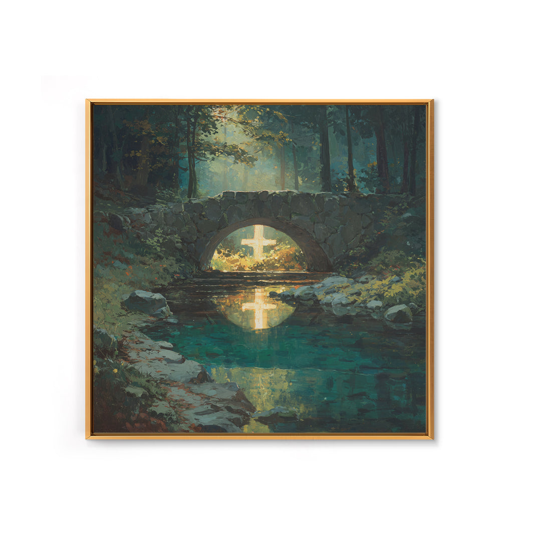 Glowing Cross Beneath Stone Bridge Framed Canvas Print, Christian Wall Art, Forest Stream Landscape, Calming Home Decor Gift