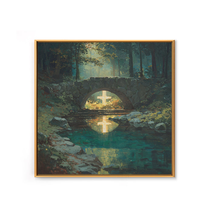 Glowing Cross Beneath Stone Bridge Framed Canvas Print, Christian Wall Art, Forest Stream Landscape, Calming Home Decor Gift