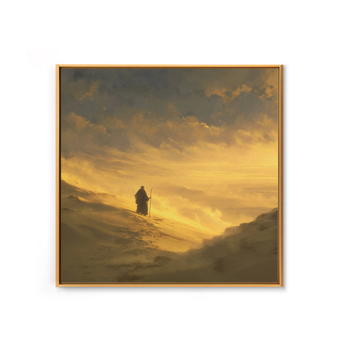 Lone Pilgrim Crossing Golden Desert Wall Art, Spiritual Landscape Canvas Print, Minimalist Desert Decor, Warm Neutral Home Decor
