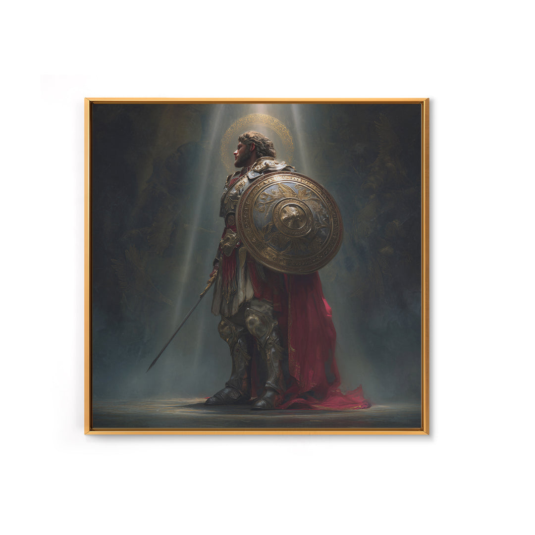 Angelic Warrior With Shield Framed Canvas Print, Dark Fantasy Wall Art, Renaissance Knight Decor For Dramatic Home Decor