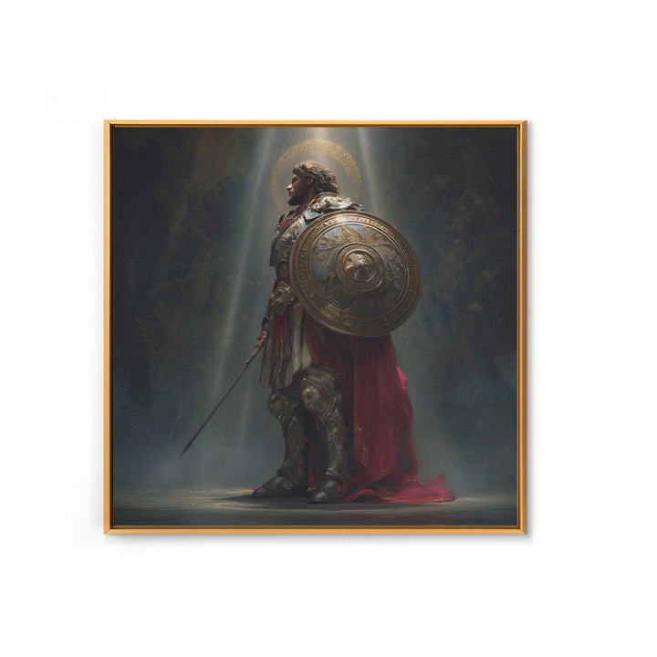 Angelic Warrior With Shield Framed Canvas Print, Dark Fantasy Wall Art, Renaissance Knight Decor For Dramatic Home Decor