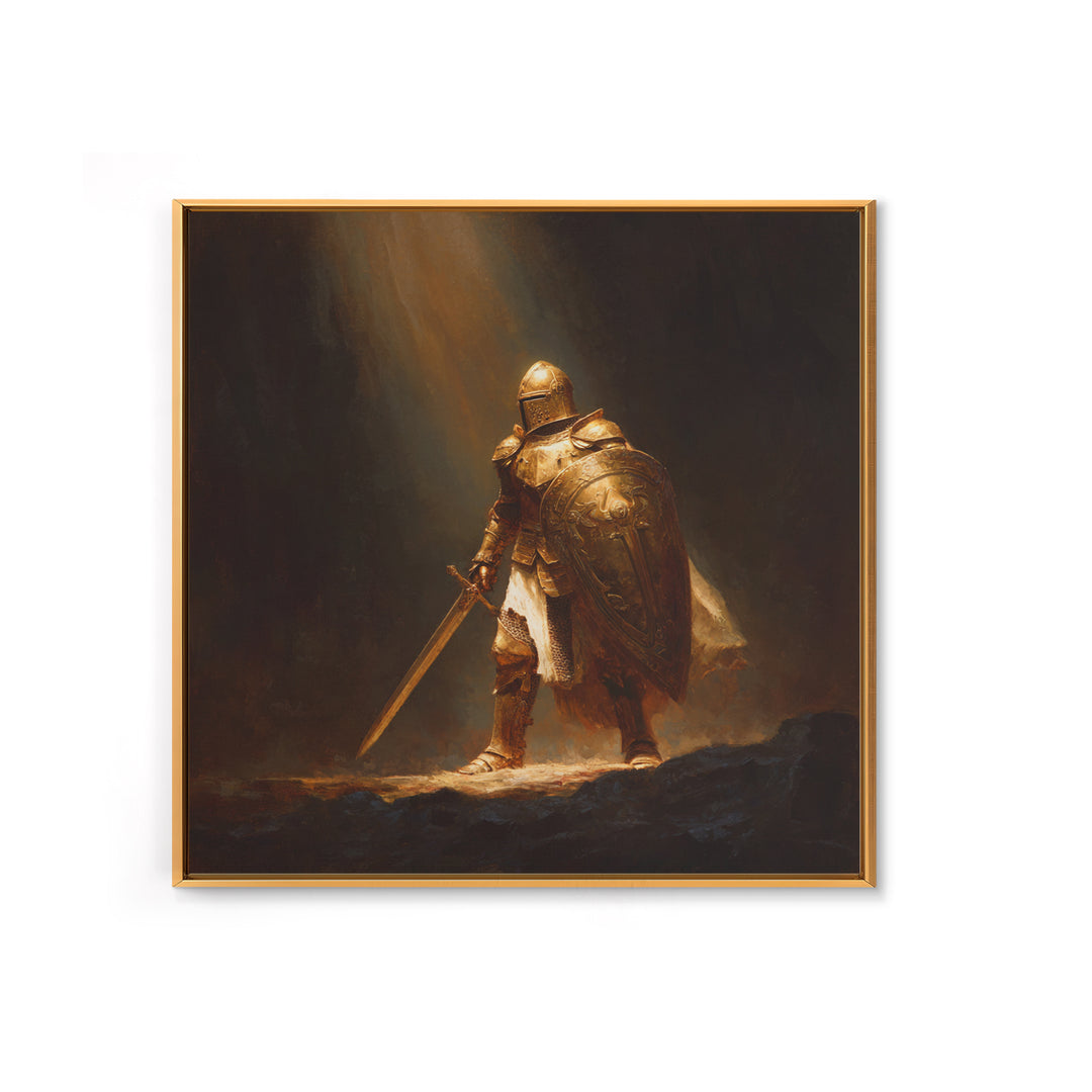 Golden Knight With Sword Canvas Print, Dark Fantasy Warrior Wall Art, Medieval Armor Painting, Masculine Office Decor, Gift For Him