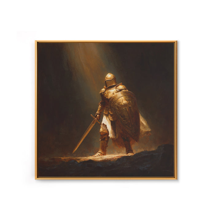 Golden Knight With Sword Canvas Print, Dark Fantasy Warrior Wall Art, Medieval Armor Painting, Masculine Office Decor, Gift For Him