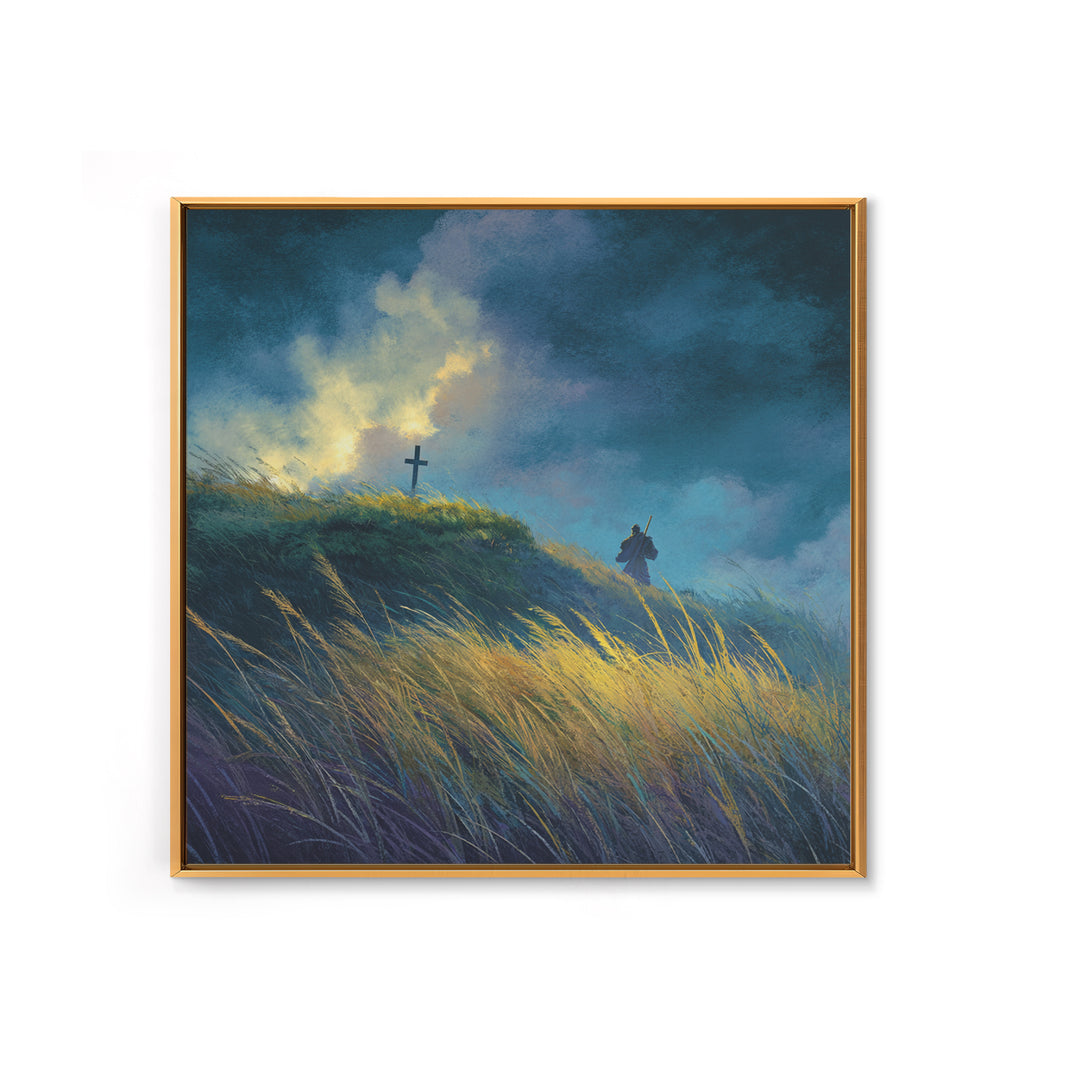 Solitary Pilgrim Near Cross Wall Art, Moody Christian Canvas Print, Windy Grassland, Spiritual Landscape Decor Gift For Him