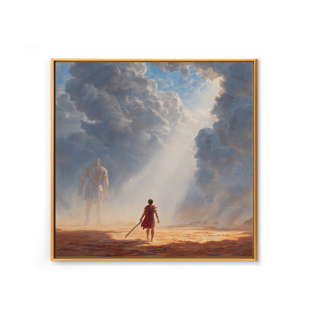 Young Hero Facing Cloud Giant Wall Art, Epic Fantasy Landscape Canvas Print, Mythological Adventure Decor, Gift For Gamer