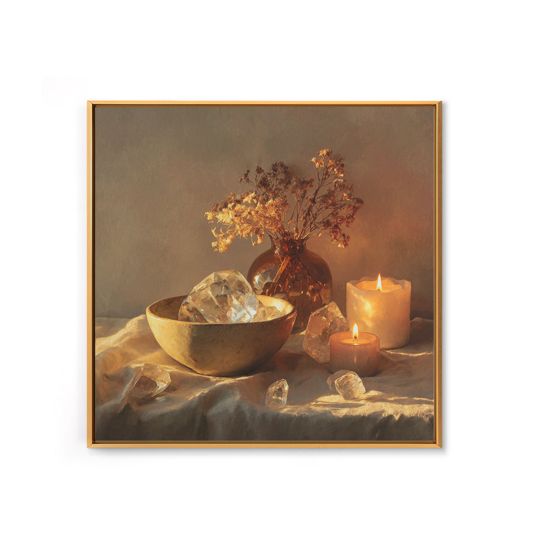 Glowing Candles Crystals And Dried Flowers Wall Art, Spiritual Still Life Canvas Print, Cozy Spa Decor For Bedroom And Meditation Room