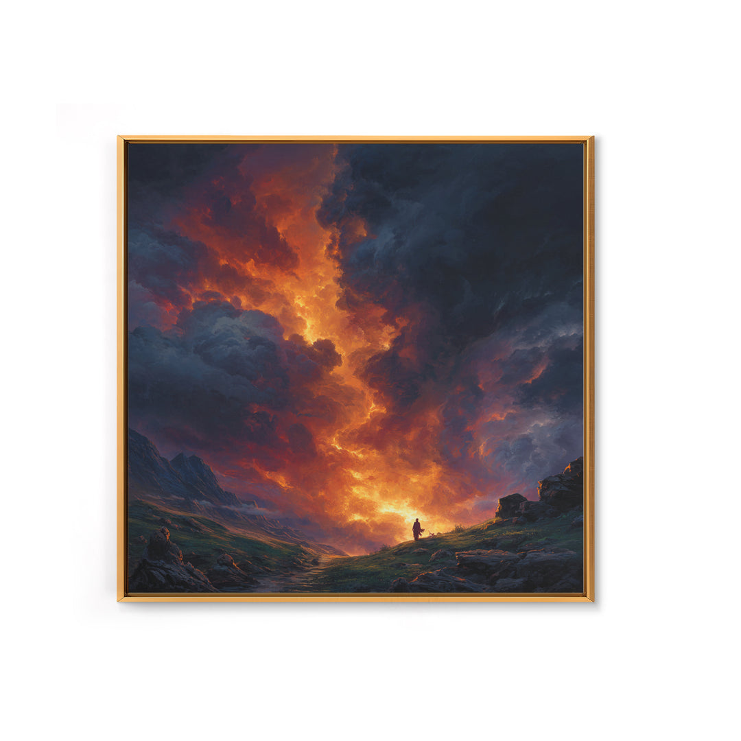 Fiery Mountain Storm At Sunset Wall Art, Dramatic Fantasy Landscape Canvas Print, Moody Maximalist Living Room Decor Gift