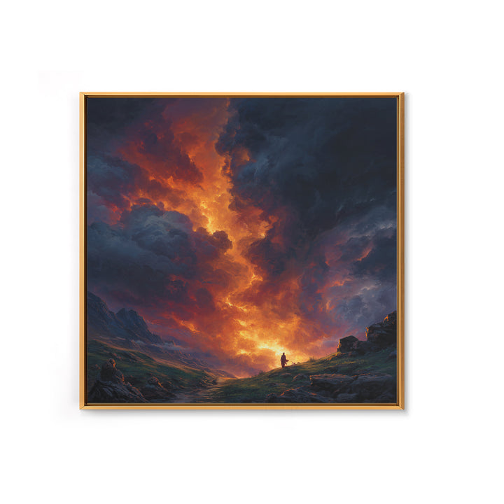Fiery Mountain Storm At Sunset Wall Art, Dramatic Fantasy Landscape Canvas Print, Moody Maximalist Living Room Decor Gift