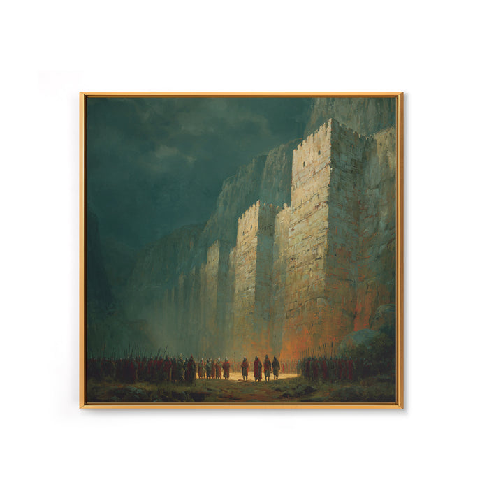 Towering Fortress In Misty Canyon Canvas Print, Epic Fantasy Wall Art, Medieval Castle Decor, Large Statement Artwork Print