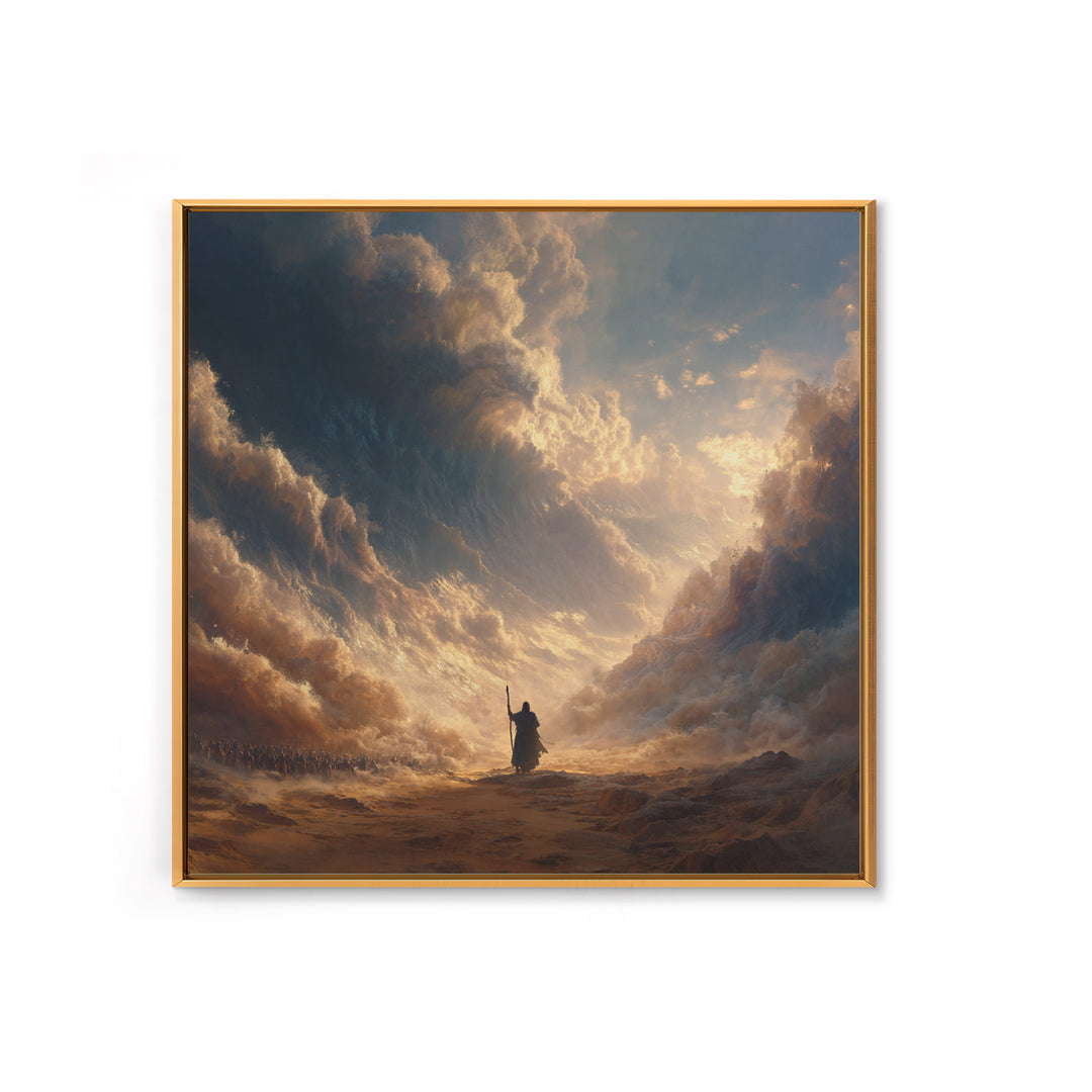 Biblical Sea Parting Prophet In Golden Storm Wall Art, Christian Canvas Print, Dramatic Religious Housewarming Gift Home Decor