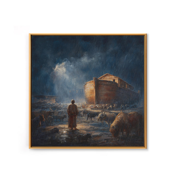 Noahs Ark In Stormy Rain With Animals Canvas Print, Biblical Wall Art, Christian Decor, Dramatic Nursery Or Living Room Art
