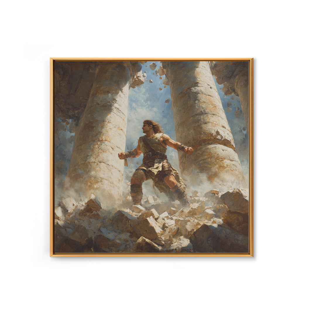 Heroic Warrior Among Crumbling Columns Wall Art, Fantasy Canvas Print, Ancient Ruins Decor, Mythology Artwork Gift For Him