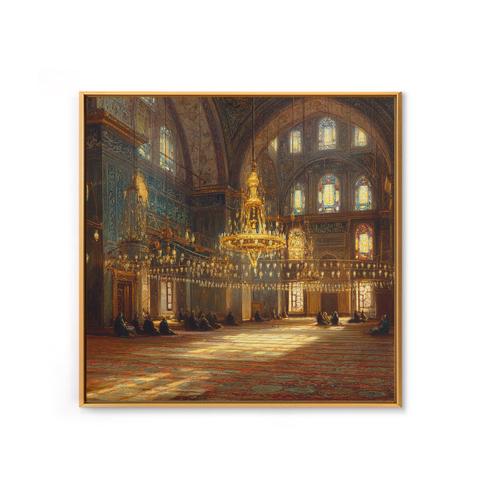Ornate Mosque Chandelier Wall Art, Islamic Interior Canvas Print, Arabic Calligraphy Decor, Prayer Room Framed Canvas Art