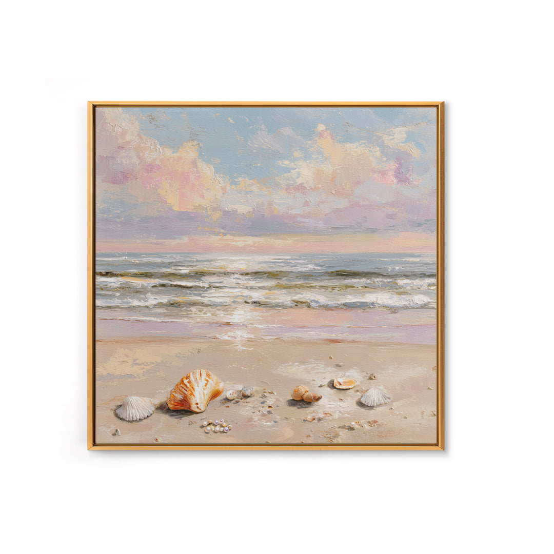 Pastel Ocean Waves And Seashells Wall Art, Coastal Seascape Framed Canvas Print, Beach House Living Room Decor For Bedroom