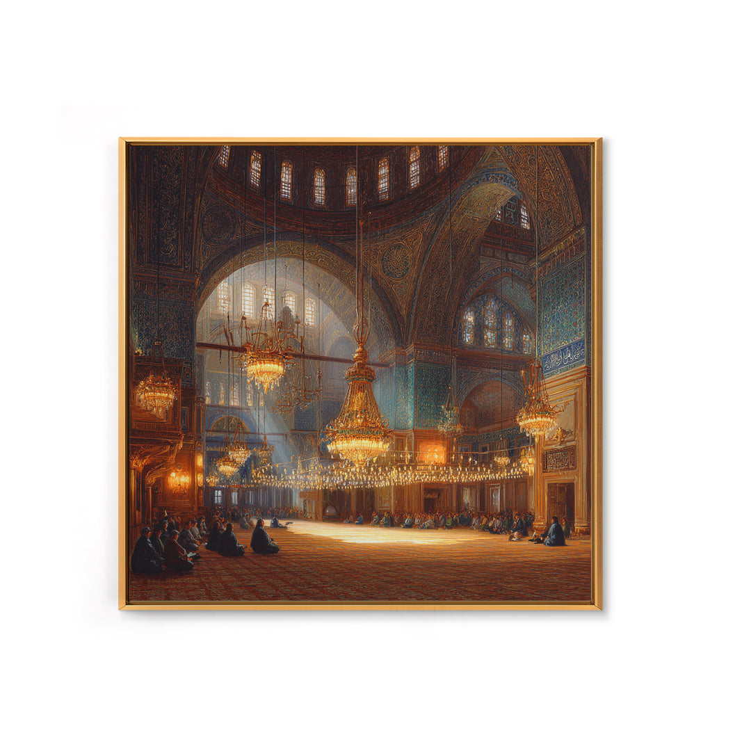 Ornate Mosque Interior With Chandeliers Wall Art, Islamic Architecture Framed Canvas Print, Prayer Room Decor, Luxury Wall Decor