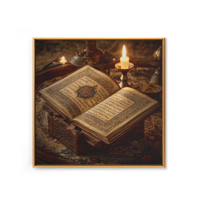 Illuminated Quran Manuscript With Candlelight Framed Canvas Print, Islamic Calligraphy Wall Art, Prayer Room Decor Gift Idea
