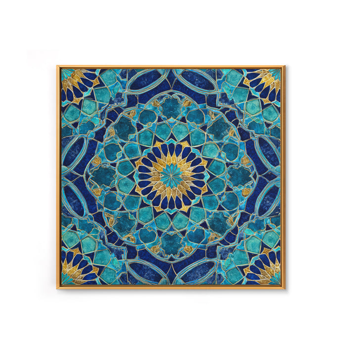Teal Islamic Geometric Tile Wall Art, Moroccan Mosaic Pattern, Blue Gold Boho Decor, Mediterranean Canvas Print, Kitchen Decor