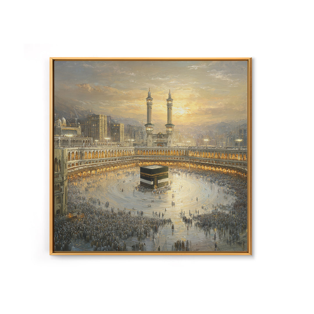 Golden Mecca Kaaba Pilgrimage Canvas Print, Islamic Wall Art, Masjid Al Haram Decor, Spiritual Muslim Gift For Home And Prayer Room