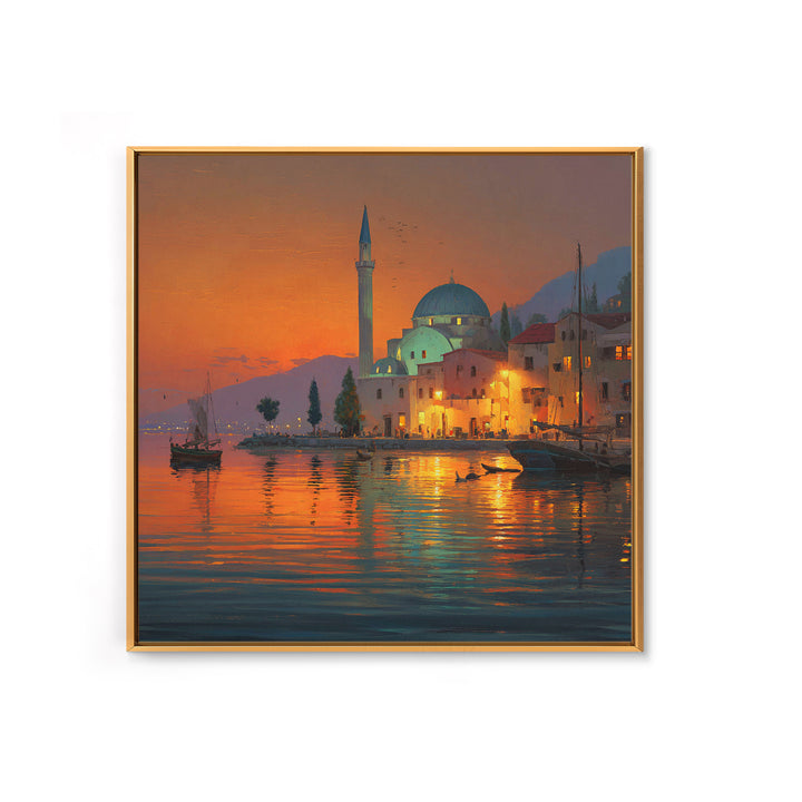 Waterfront Mosque At Orange Sunset Canvas Print, Islamic Architecture Art, Coastal Wall Decor, Travel Poster For Living Room