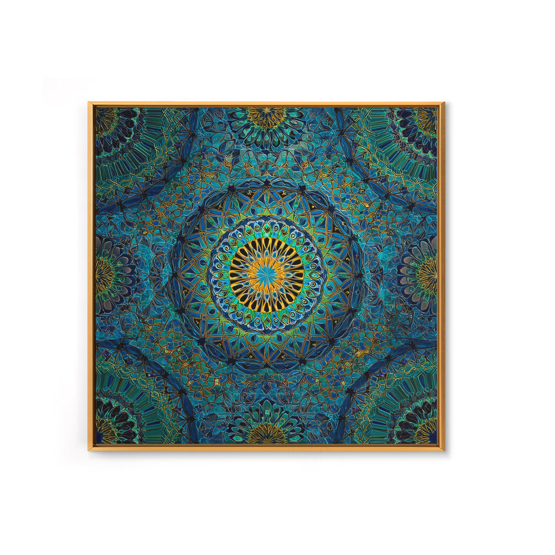 Teal Gold Geometric Mandala Wall Art, Sacred Geometry Abstract Print, Boho Spiritual Decor, Modern Meditation Room Art Gift