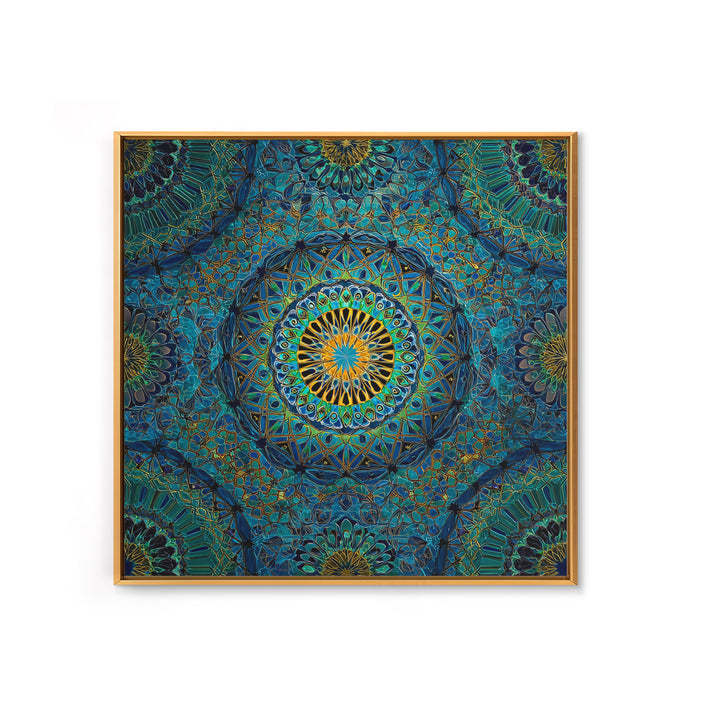 Teal Gold Geometric Mandala Wall Art, Sacred Geometry Abstract Print, Boho Spiritual Decor, Modern Meditation Room Art Gift