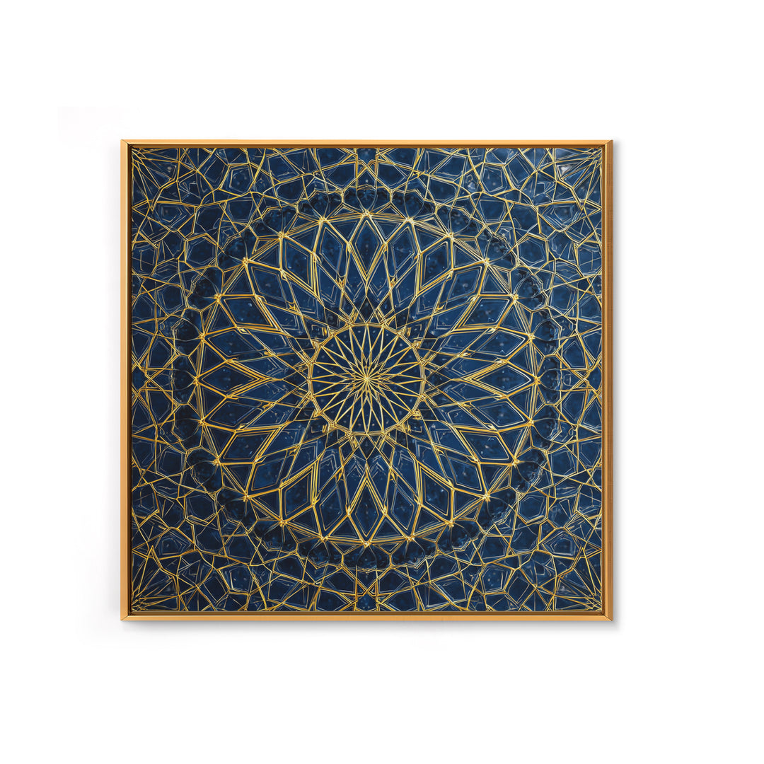 Blue Gold Geometric Mandala Canvas Print, Islamic Pattern Wall Art, Moroccan Abstract Decor For Meditation Room And Office