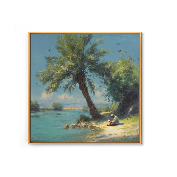 Leaning Palm By Blue Lagoon Wall Art, Tropical Coastal Landscape Painting, Serene Nature Decor, Mediterranean Canvas Print