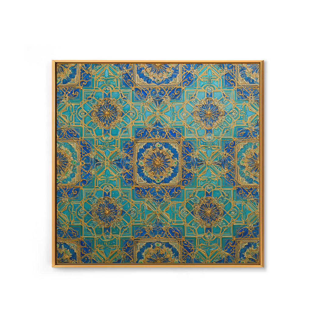 Blue And Gold Islamic Geometric Tile Wall Art, Moroccan Pattern Canvas Print For Elegant Home Decor And Meditation Room Decor