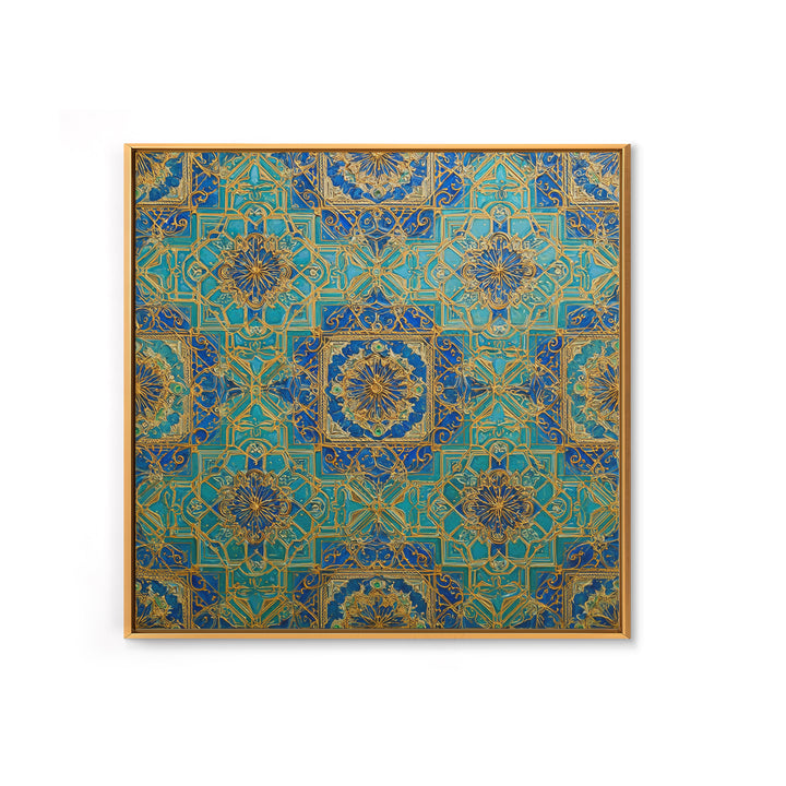 Blue And Gold Islamic Geometric Tile Wall Art, Moroccan Pattern Canvas Print For Elegant Home Decor And Meditation Room Decor