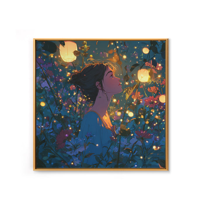 Lantern Lit Girl In Enchanted Flower Garden Wall Art, Whimsical Fairycore Decor, Fantasy Floral Print For Bedroom Living Room Decor