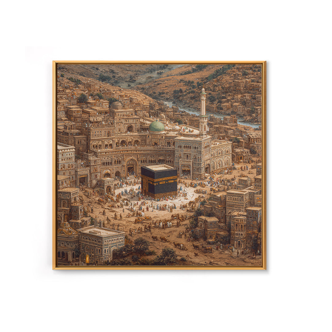 Kaaba In Ancient Mecca City Canvas Print, Islamic Architecture Wall Art, Hajj Prayer Room Decor Housewarming Gift For Muslim Home