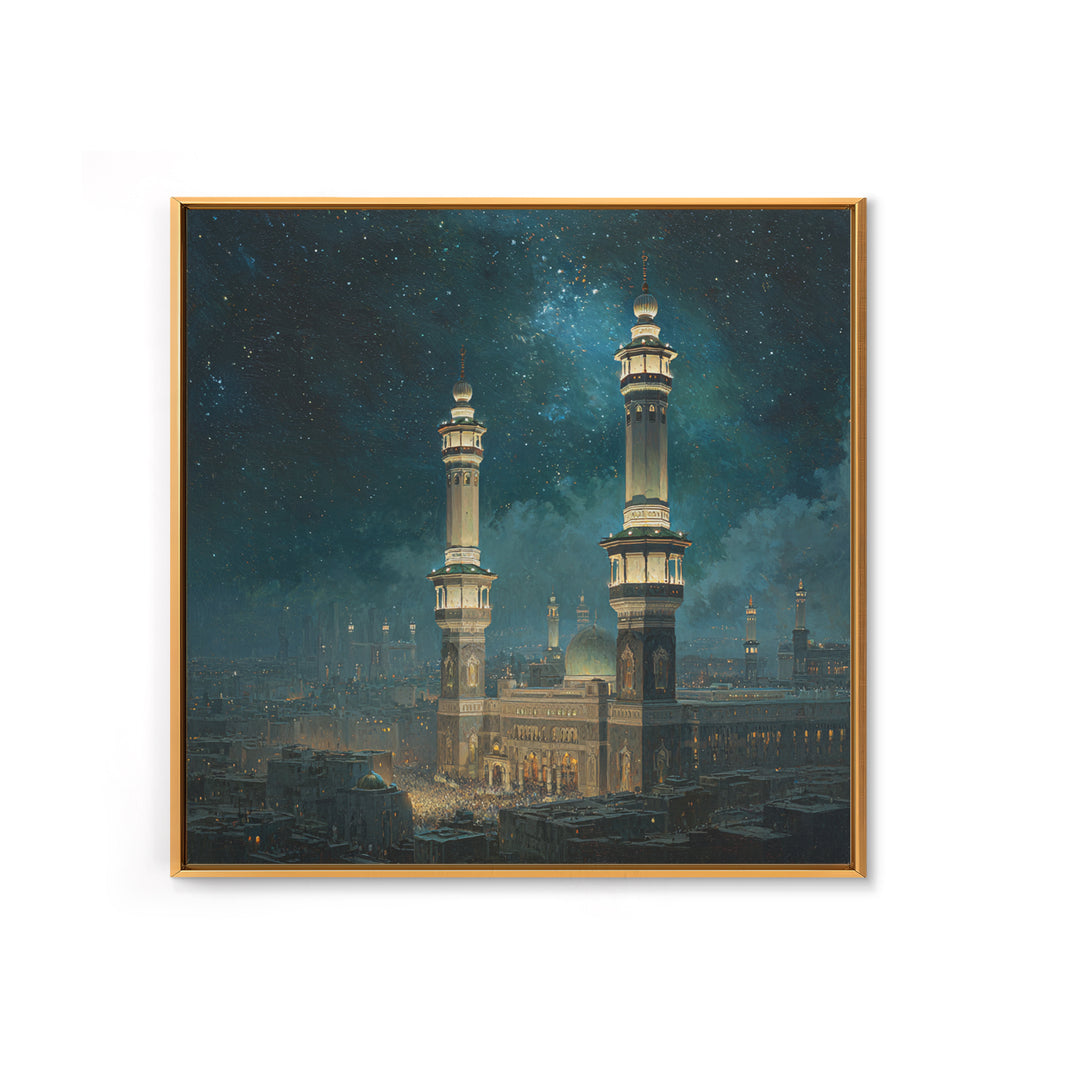 Starry Night Mosque Minarets Framed Canvas Print, Islamic Wall Art, Celestial Arabic Home Decor For Prayer Room And Eid Gift