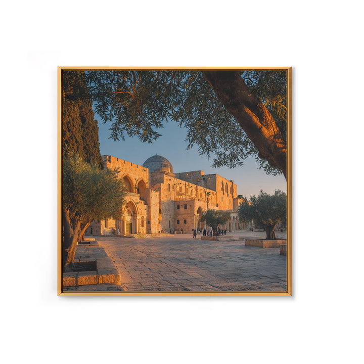 Golden Jerusalem Mosque Courtyard Wall Art, Islamic Architecture Print, Olive Tree Decor, Spiritual Travel Poster, Middle Eastern Decor