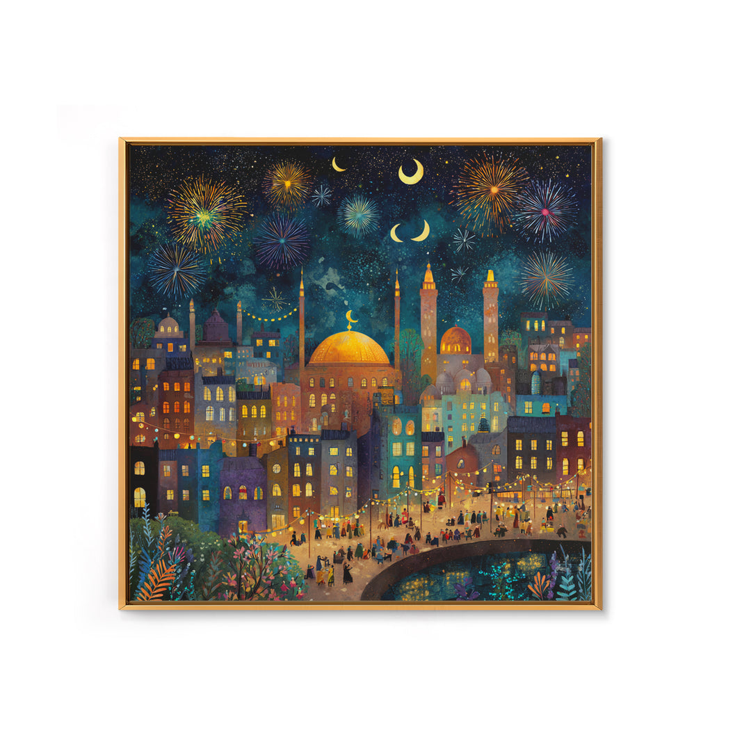 Crescent Moon City Fireworks Wall Art, Whimsical Islamic Canvas Print, Ramadan Decor, Celestial Nursery Art Gift For Kids Room Decor