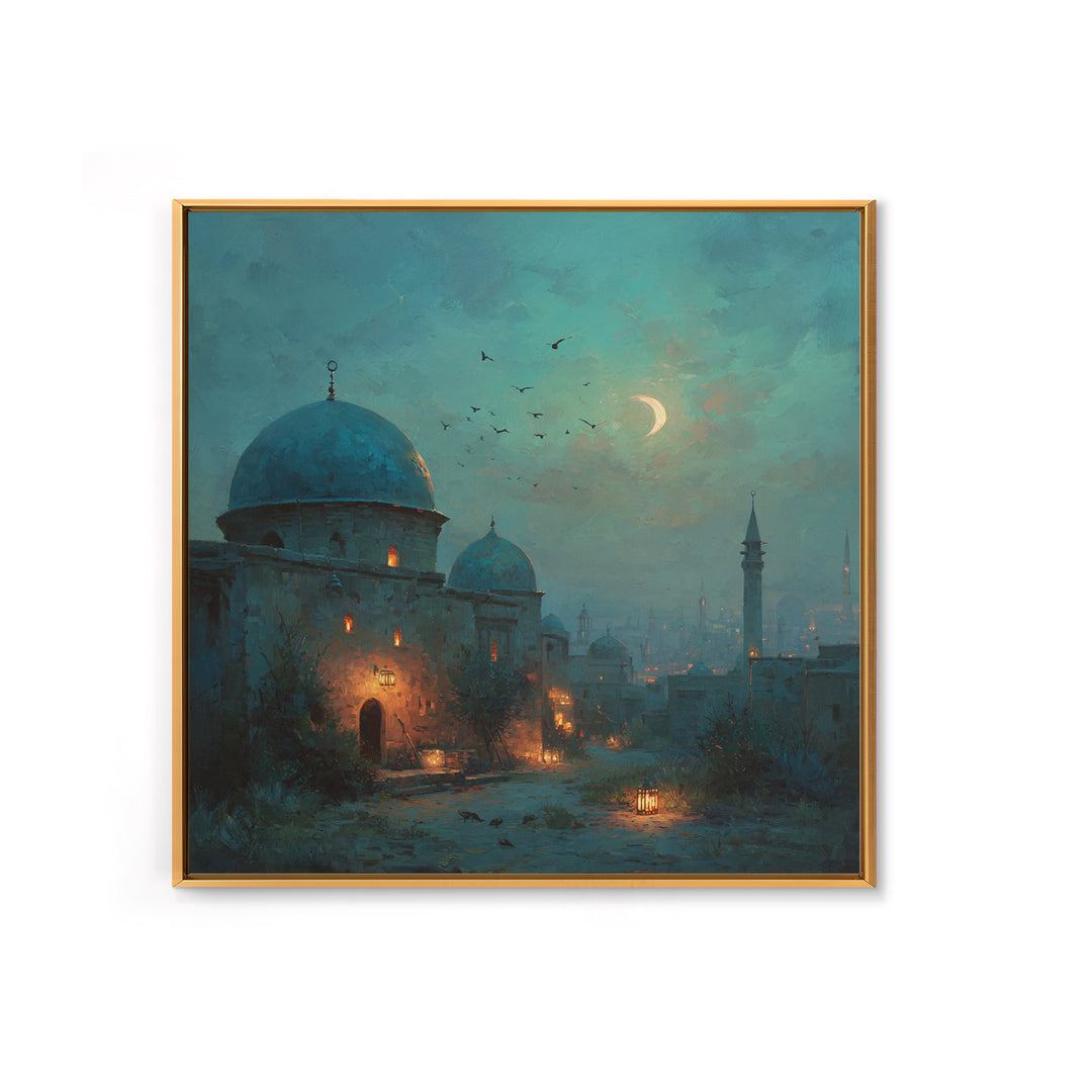 Moonlit Desert Dome Wall Art, Crescent Moon Islamic Architecture Painting, Moroccan Decor, Teal Blue Canvas Print, Ramadan Gift