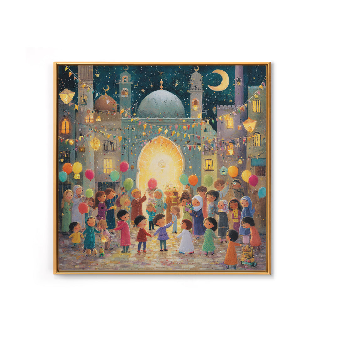 Whimsical Eid Festival Mosque Wall Art, Children With Balloons Islamic Decor, Ramadan Celebration Nursery Art Print Gift