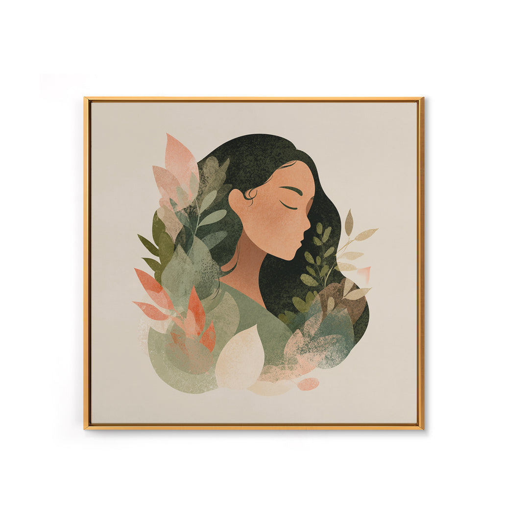 Serene Botanical Woman Portrait Canvas Print, Neutral Boho Wall Decor, Minimalist Art Print For Bedroom Living Room Home Decor