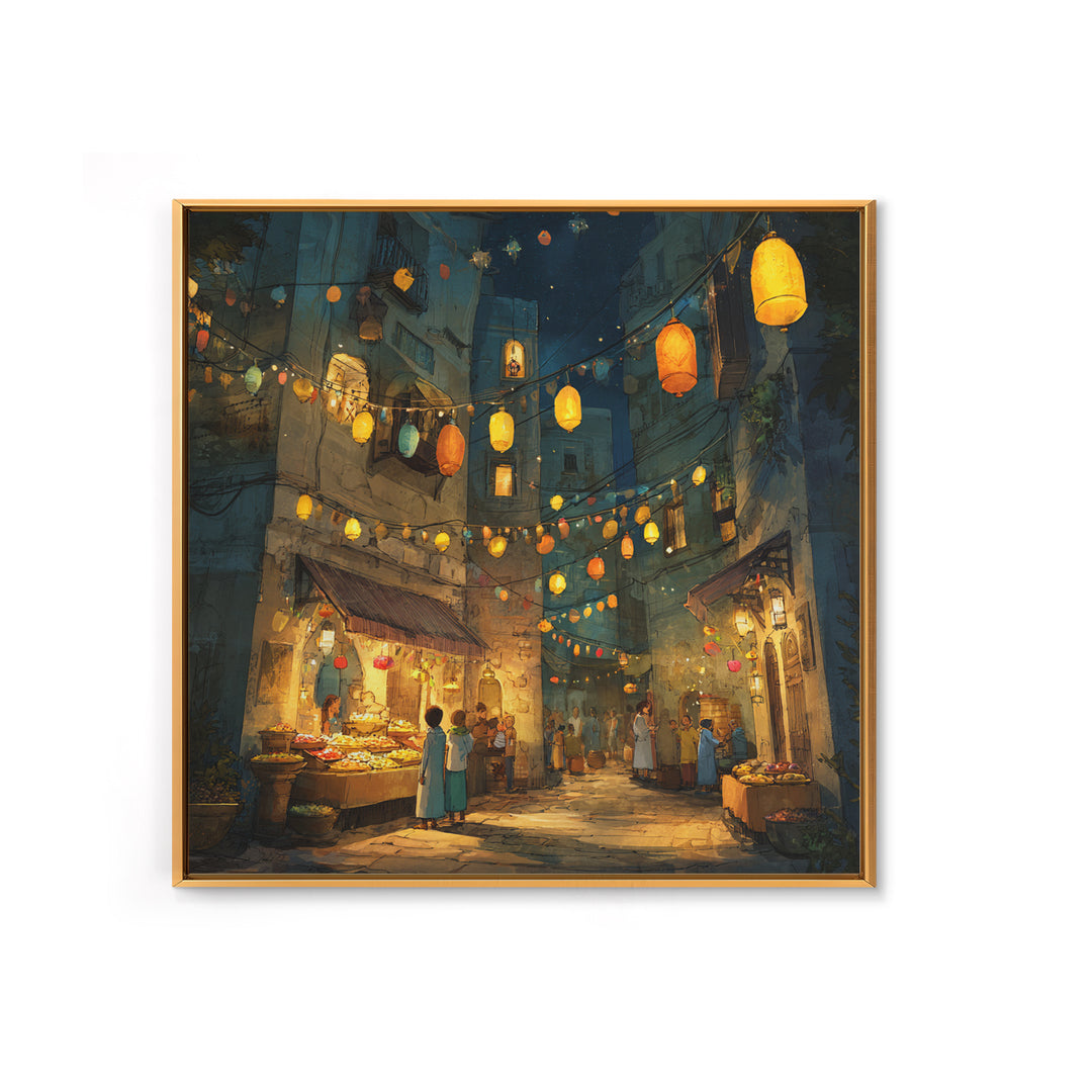 Glowing Lantern Night Market Alley With Food Stalls Wall Art, Moroccan Decor, Mediterranean Travel Poster, Kitchen Wall Art