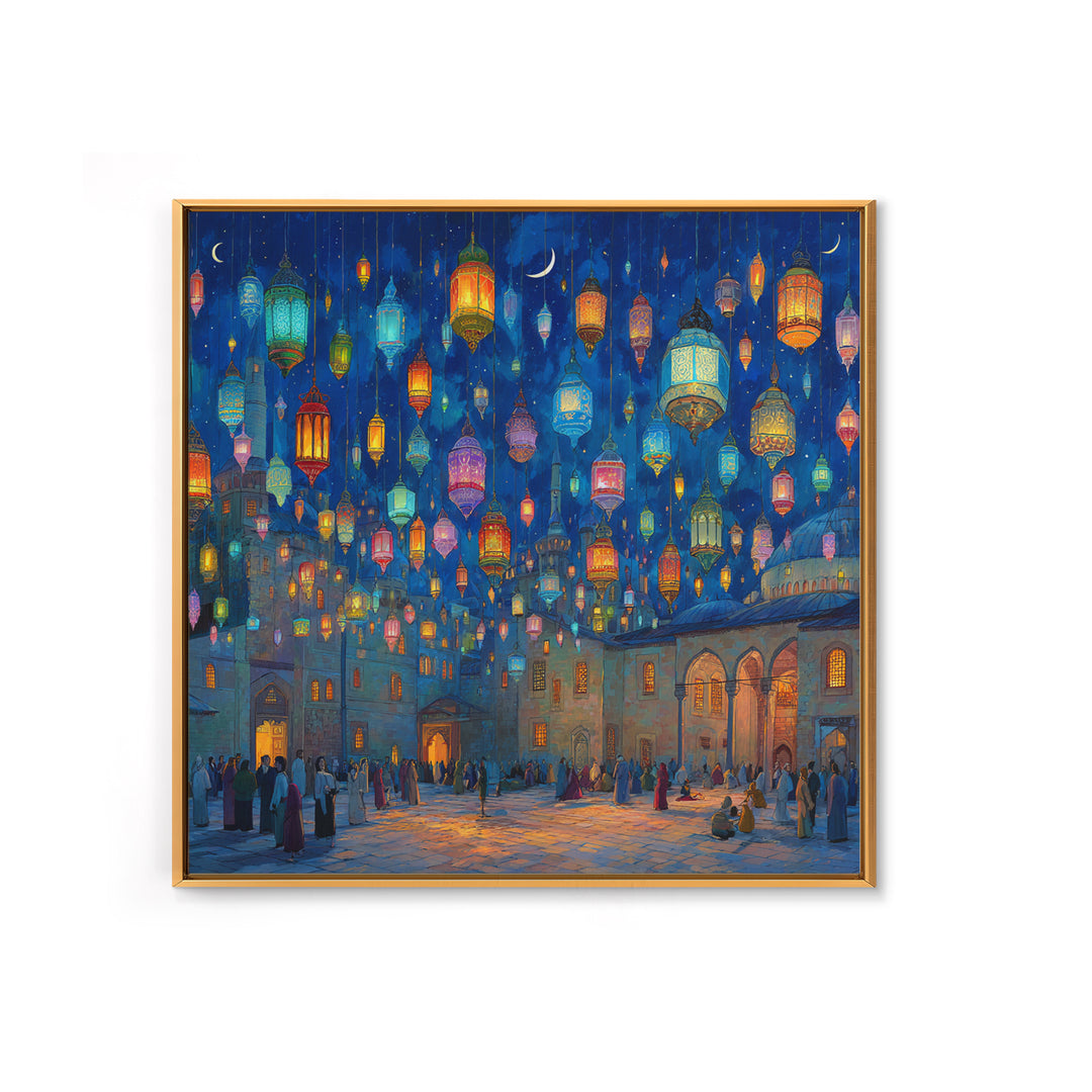 Colorful Ramadan Lanterns Over Courtyard Wall Art, Islamic Canvas Print, Arabic Home Decor, Eid Gift, Mystical Night Scene