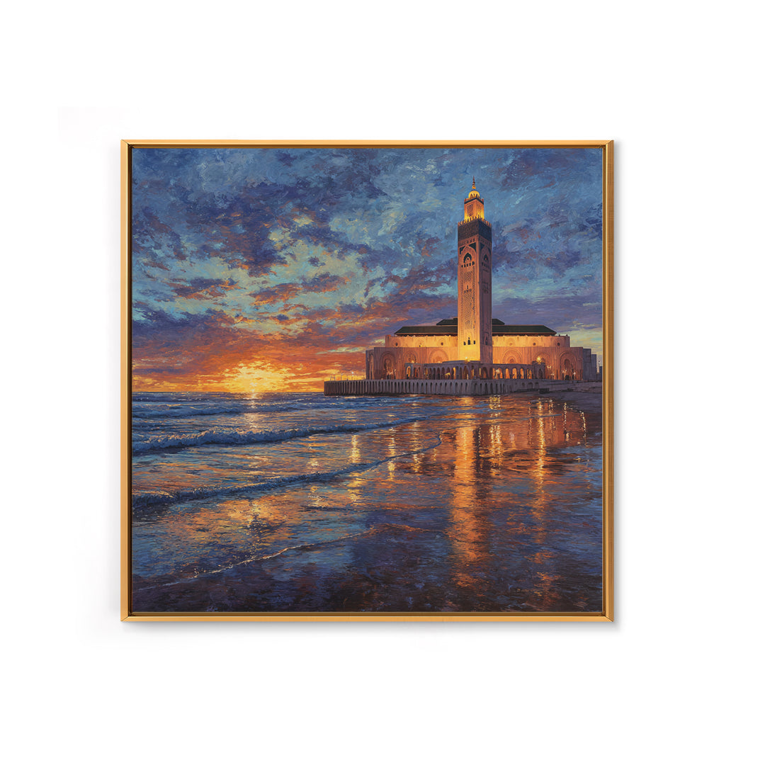 Sunset Mosque On Moroccan Coast Canvas Print, Islamic Wall Art, Ocean Seascape, Morocco Travel Poster, Coastal Home Decor