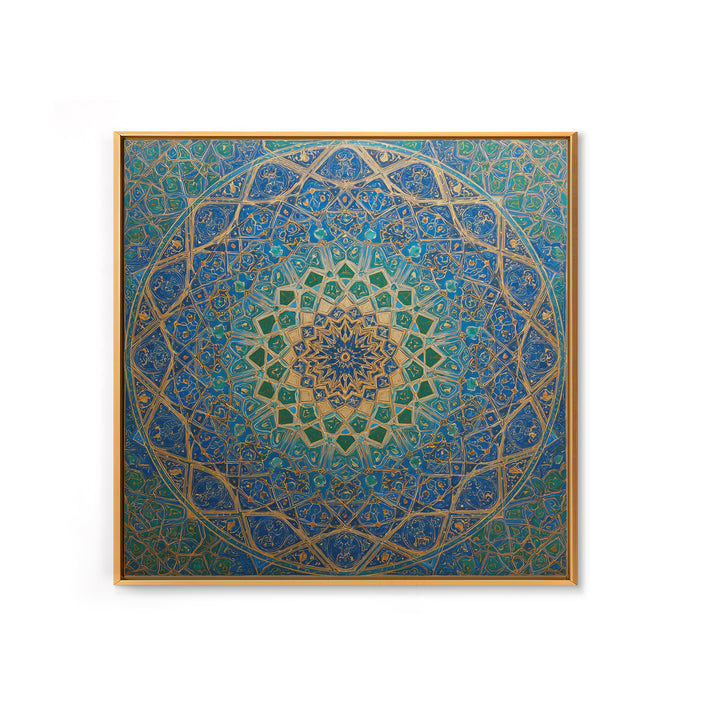 Blue Gold Islamic Geometric Mandala Wall Art, Moroccan Mosaic Canvas Print, Arabic Decor Gift For Prayer Room