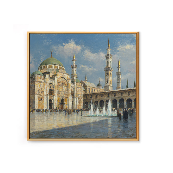 Grand Mosque Courtyard Framed Canvas Print, Islamic Architecture Wall Art, Impressionist Travel Poster, Elegant Office Decor