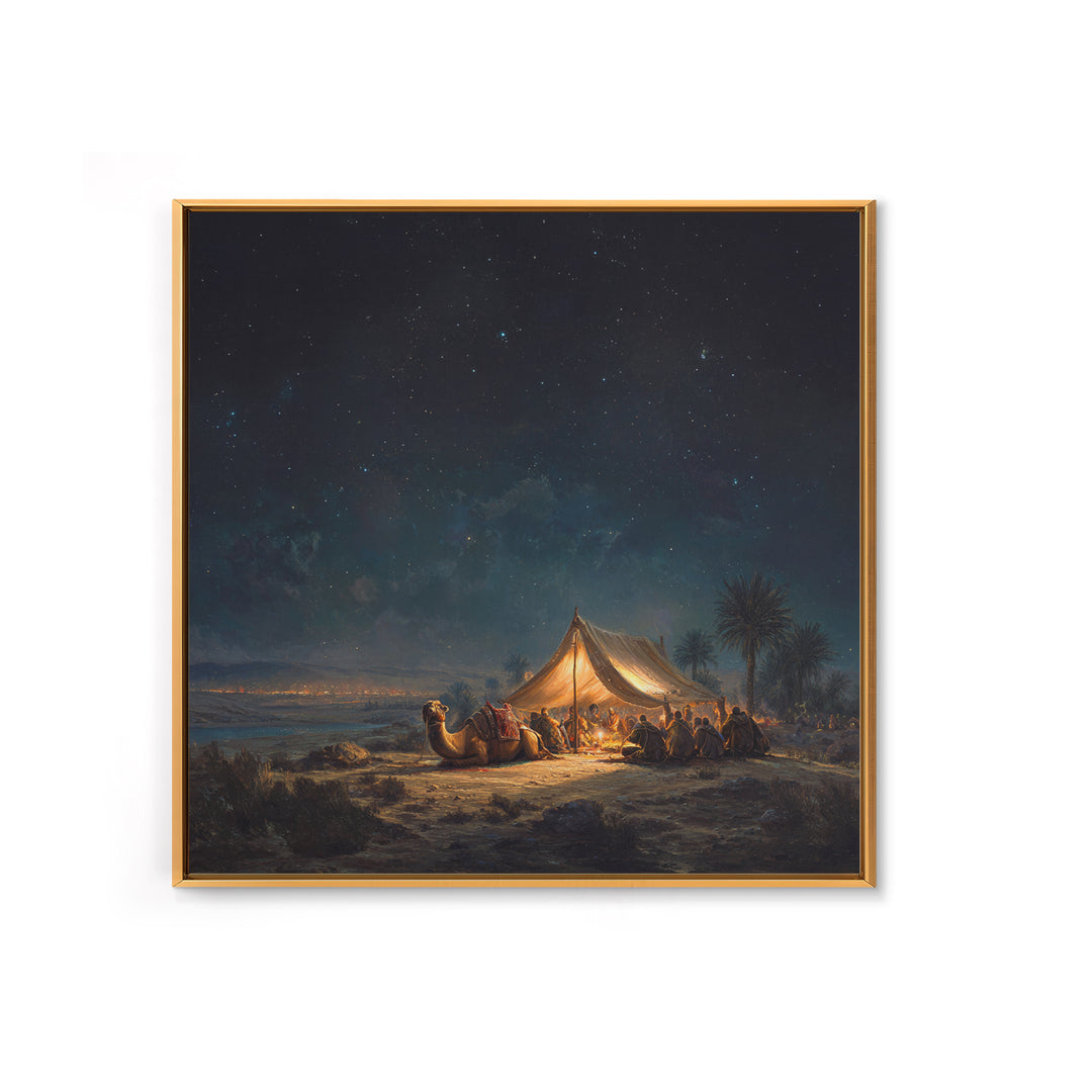 Starlit Desert Camp Canvas Print, Camel Caravan Landscape Art, Celestial Night Sky Wall Decor, Boho Travel Poster Gift For Him