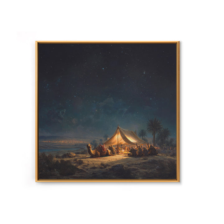 Starlit Desert Camp Canvas Print, Camel Caravan Landscape Art, Celestial Night Sky Wall Decor, Boho Travel Poster Gift For Him